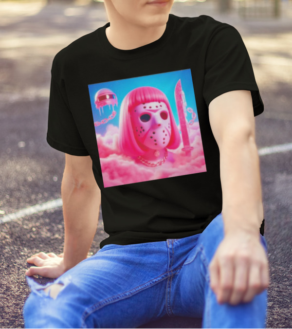 Pink Friday The 13th Jason Hockey Mask And Knife In Pink Clouds T-Shirt
