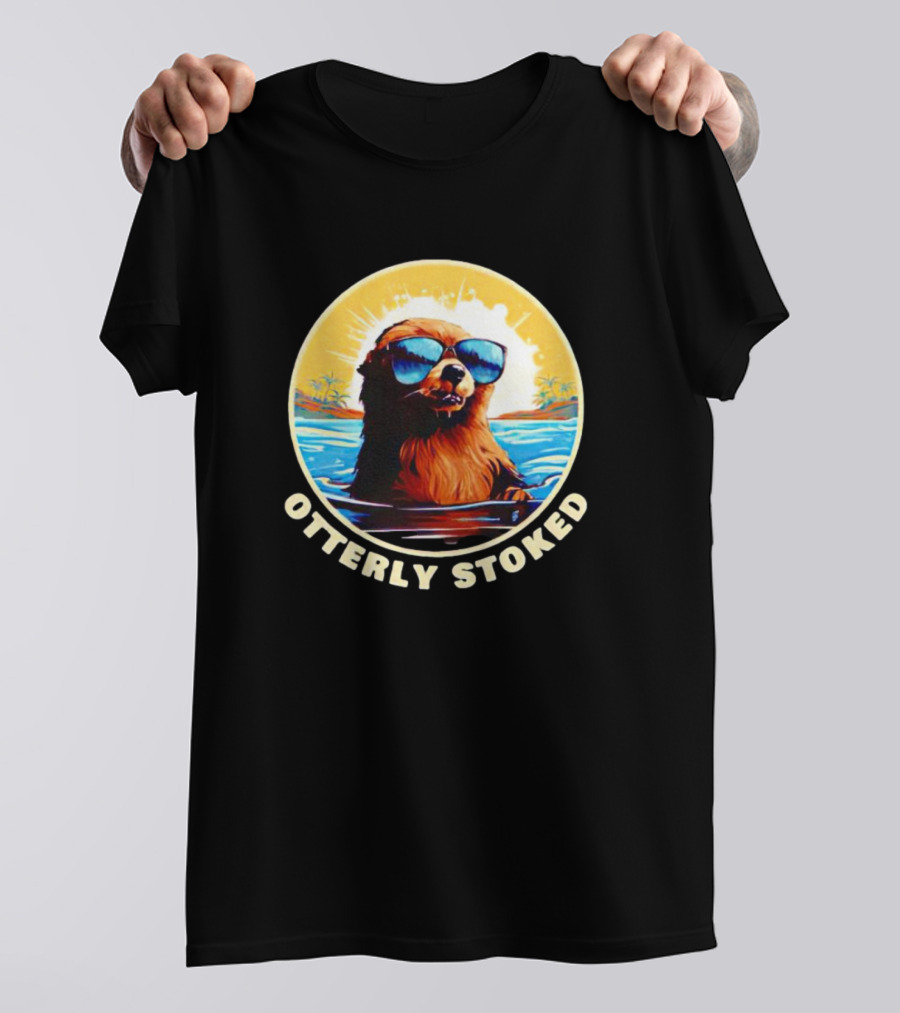 Otterly Stoked Sunglasses Otter With Tropical Ocean Background T-Shirt