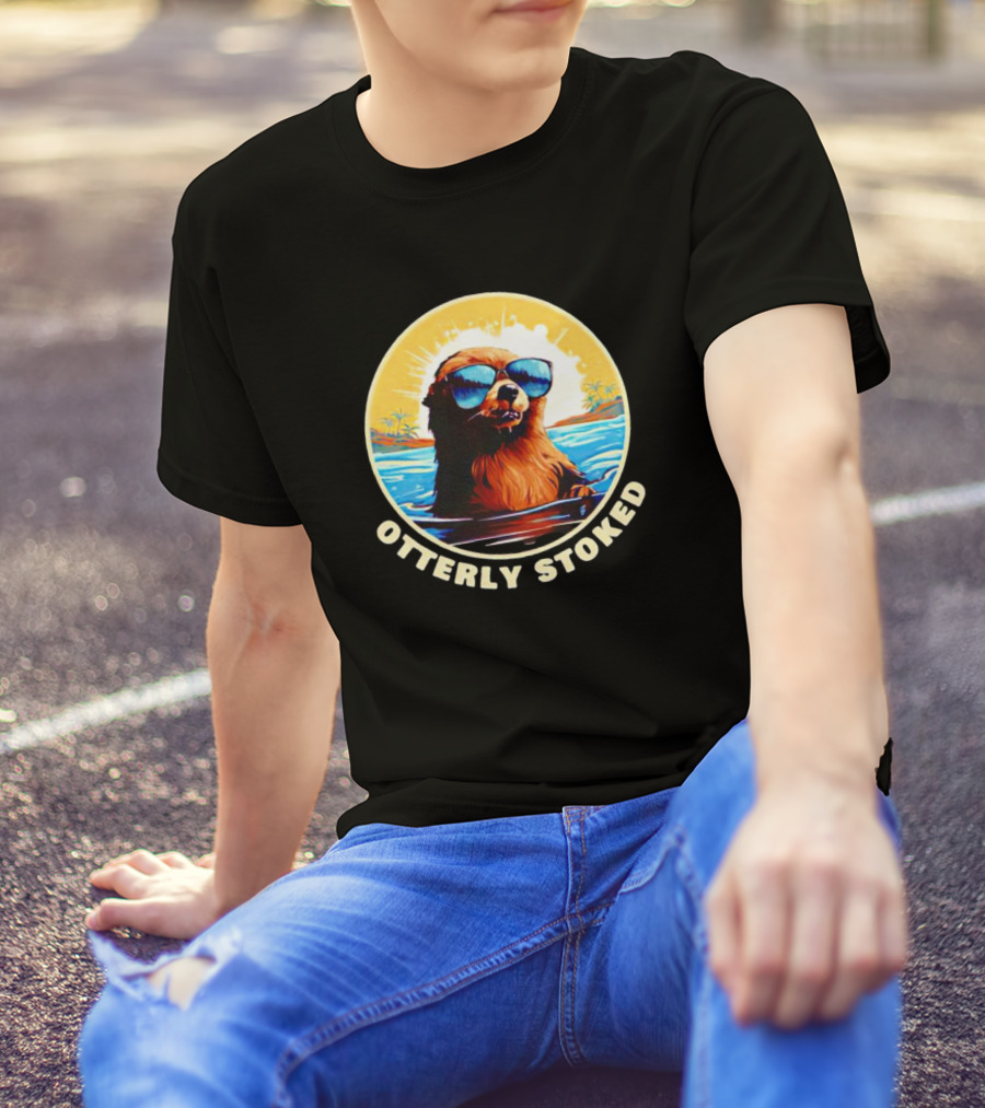 Otterly Stoked Sunglasses Otter With Tropical Ocean Background T-Shirt