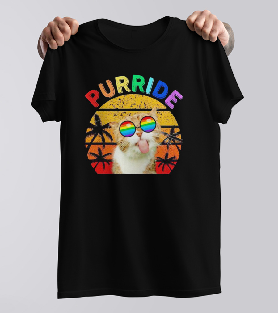 Purride Cat Tongue Out Rainbow Sunglasses Palm Trees Vintage Sunset T-Shirt