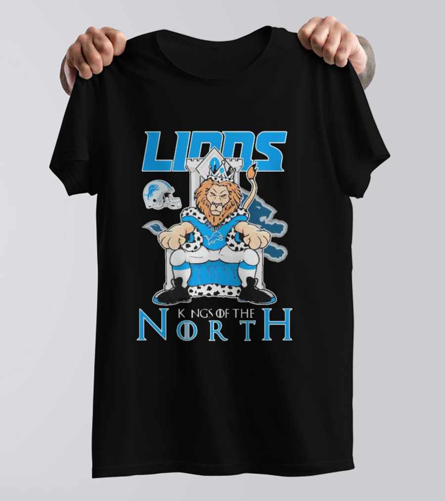 Detroit Lions Kings Of The North Mascot Roaring On Throne With Helmet T-Shirt