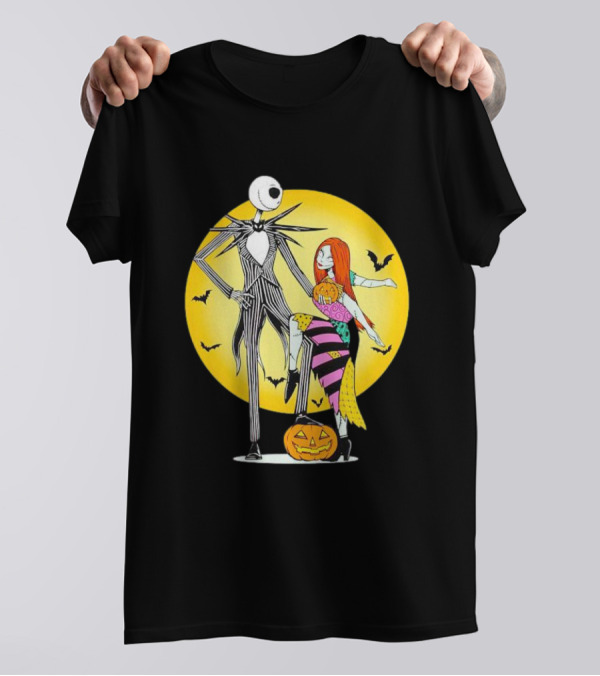 Jack And Sally Halloween Pumpkin Scene With Bats In The Nightmare Before Rumours T-Shirt