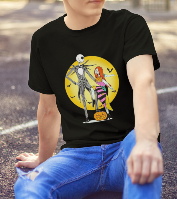 Jack And Sally Halloween Pumpkin Scene With Bats In The Nightmare Before Rumours T-Shirt