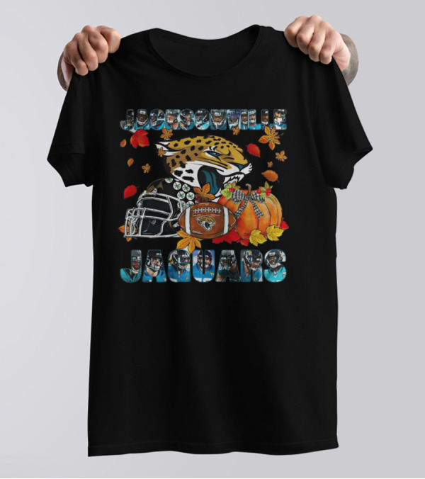 Jacksonville Jaguars Autumn Football Helmet And Pumpkin Leaves T-Shirt
