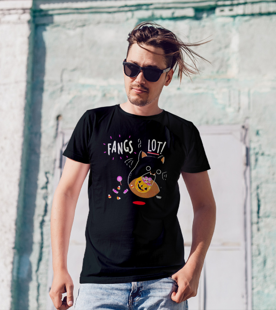 Fangs A Lot Cat With Halloween Candy And Jack-O'-Lantern T-Shirt