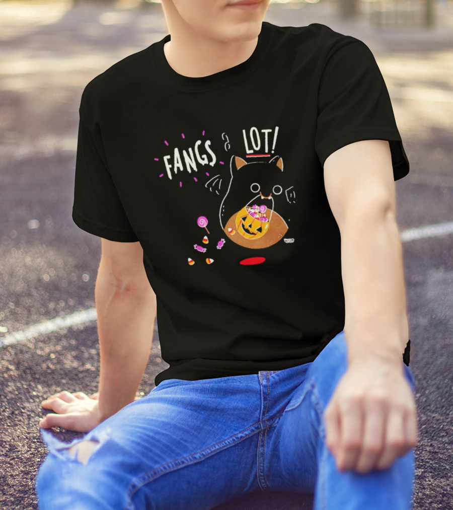 Fangs A Lot Cat With Halloween Candy And Jack-O'-Lantern T-Shirt