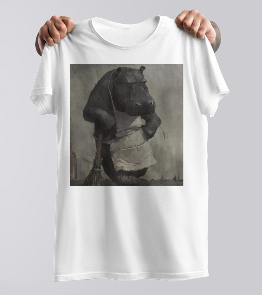 Hippo In Apron Holding Broom T-Shirt