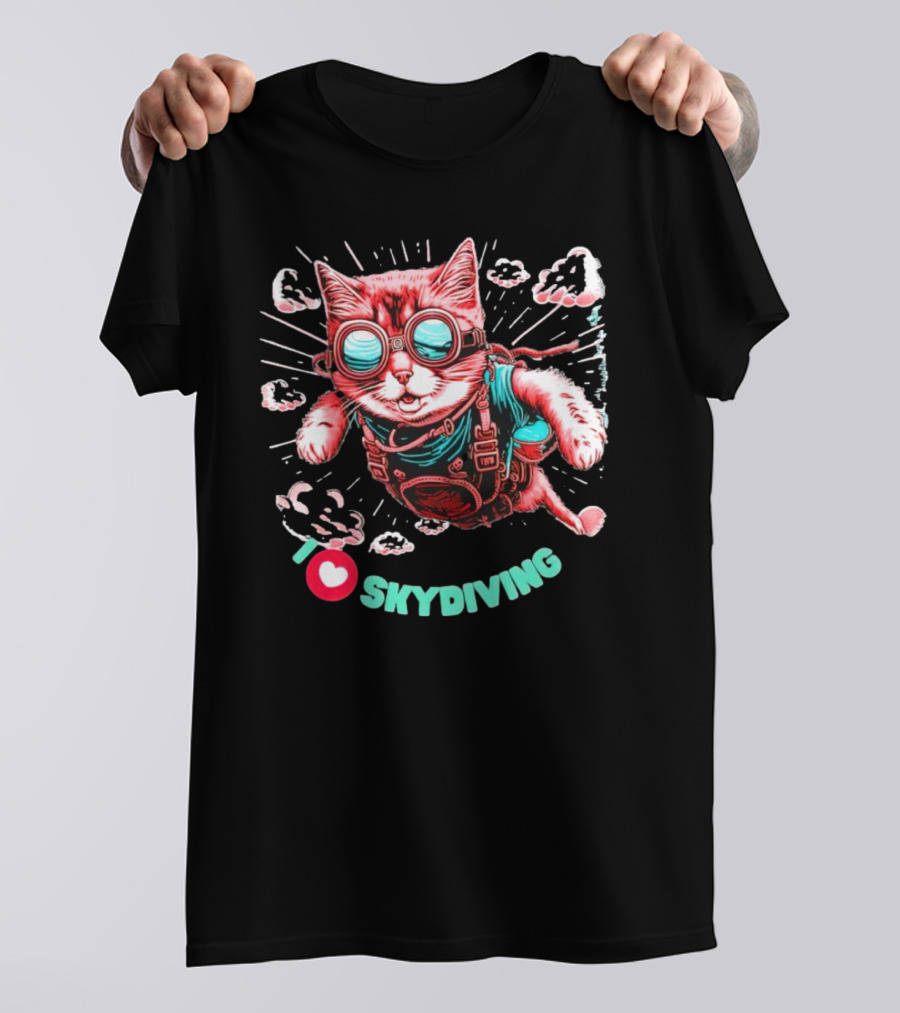 I Love Skydiving Cat With Goggles And Clouds T-Shirt