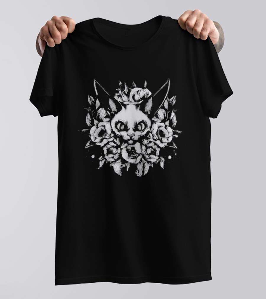 Cat Surrounded By Knives And Flowers T-Shirt