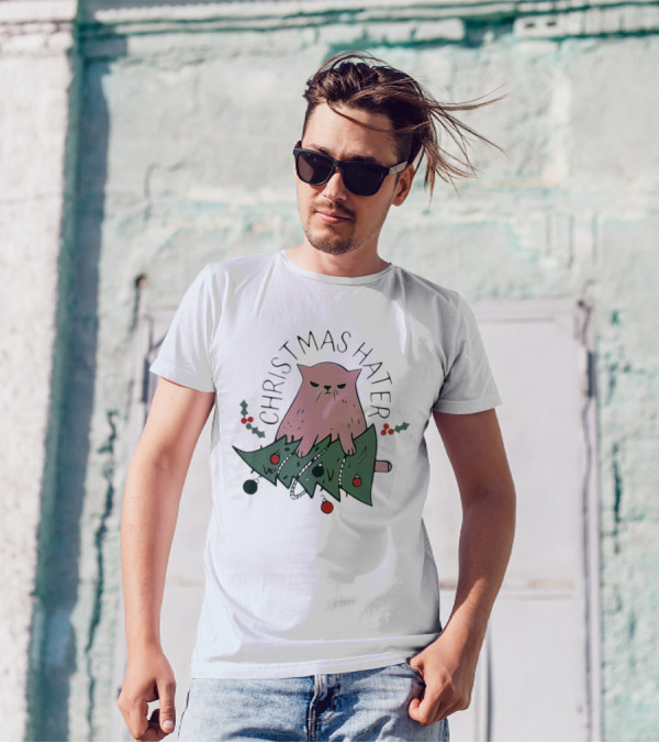 Christmas Hater Angry Cat With Broken Tree And Holly Decorations T-Shirt