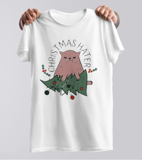 Christmas Hater Angry Cat With Broken Tree And Holly Decorations T-Shirt
