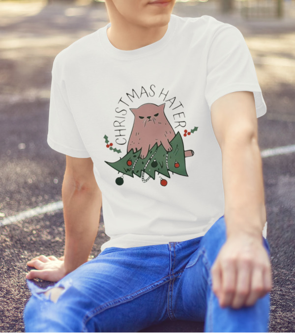 Christmas Hater Angry Cat With Broken Tree And Holly Decorations T-Shirt