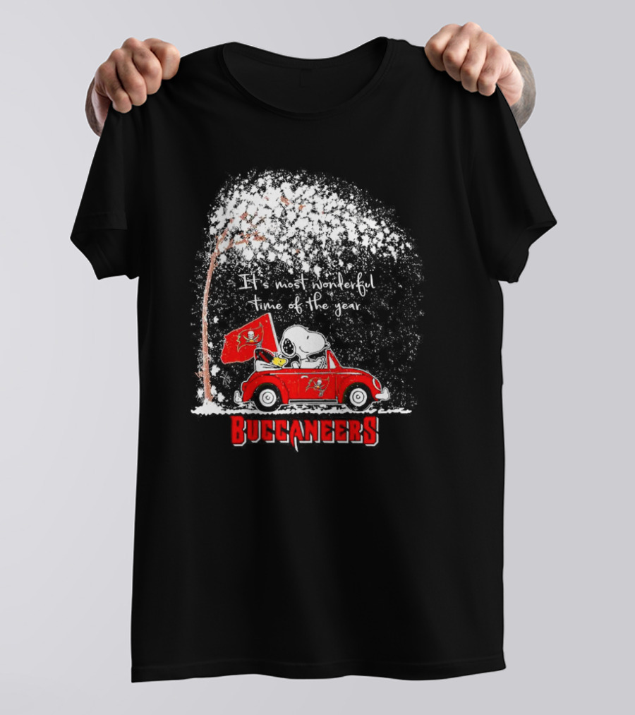 Snoopy And Woodstock Buccaneers It's Most Wonderful Time Of The Year Winter Scene T-Shirt