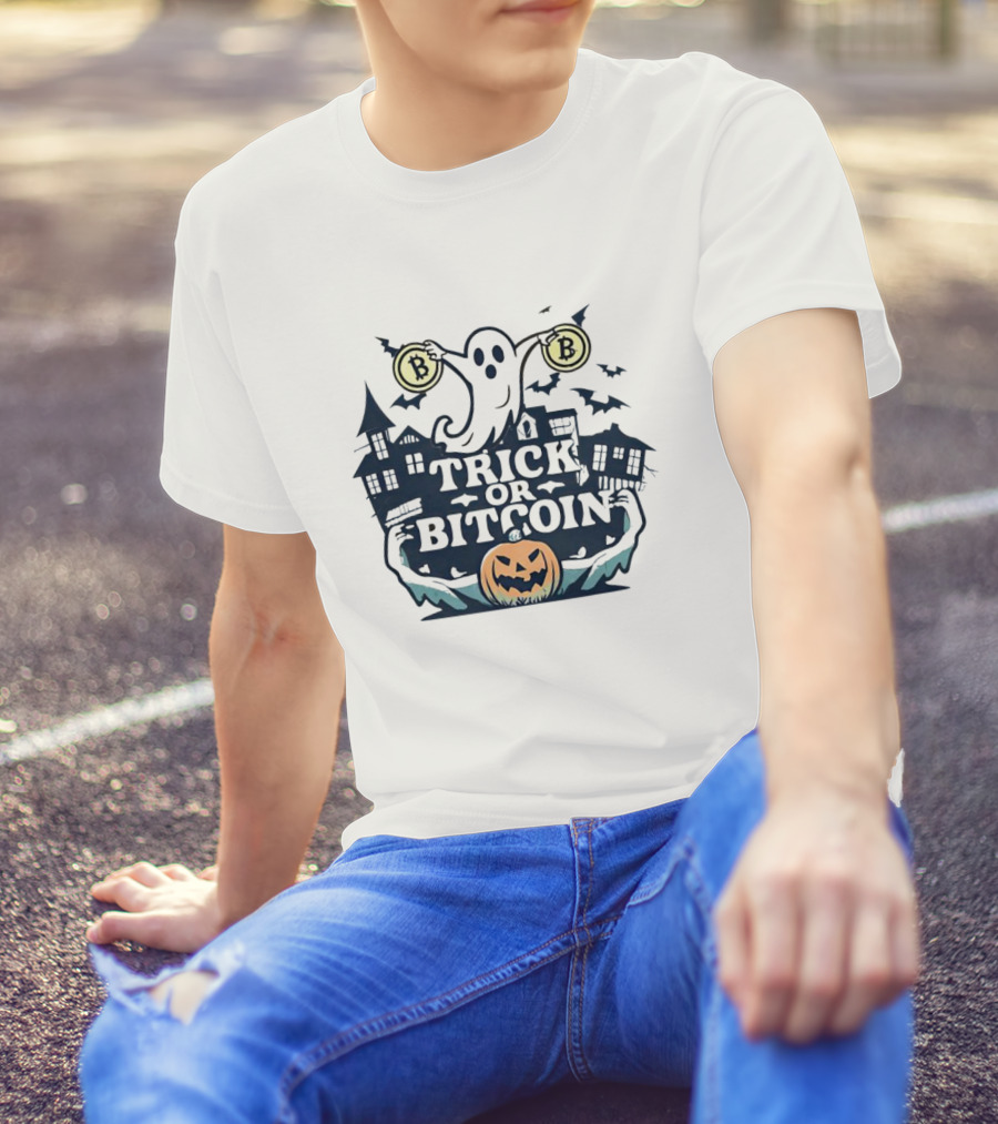 Trick Or Bitcoin Ghost Halloween With Pumpkins And Coins T-Shirt