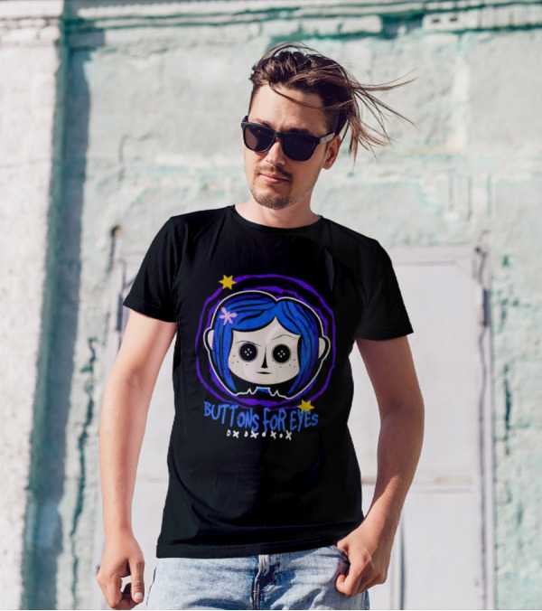 Buttons For Eyes Blue Haired Character With Stars T-Shirt