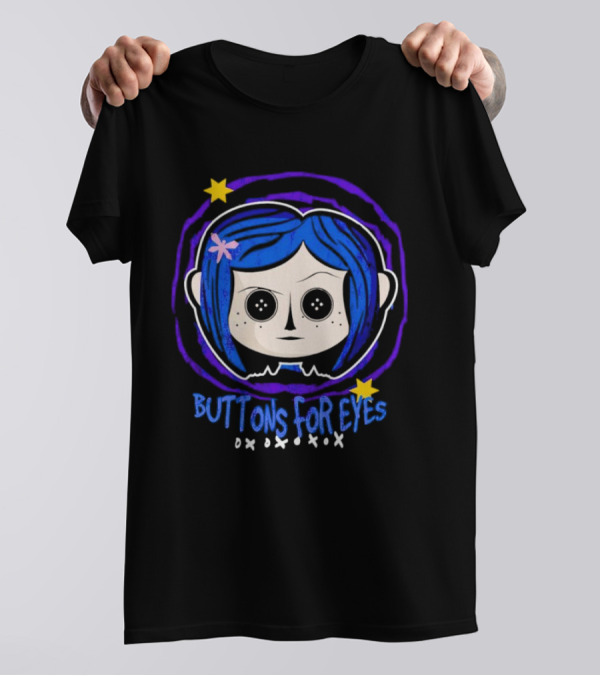 Buttons For Eyes Blue Haired Character With Stars T-Shirt