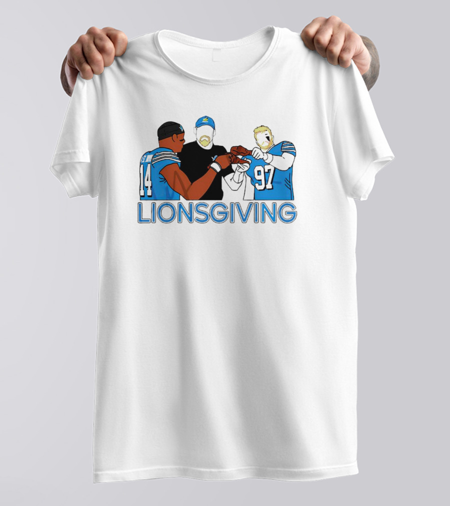 Detroit Lions Lionsgiving Thanksgiving Imagery With Players And Coach T-Shirt