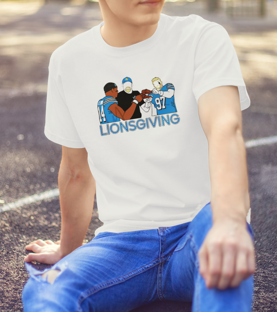 Detroit Lions Lionsgiving Thanksgiving Imagery With Players And Coach T-Shirt
