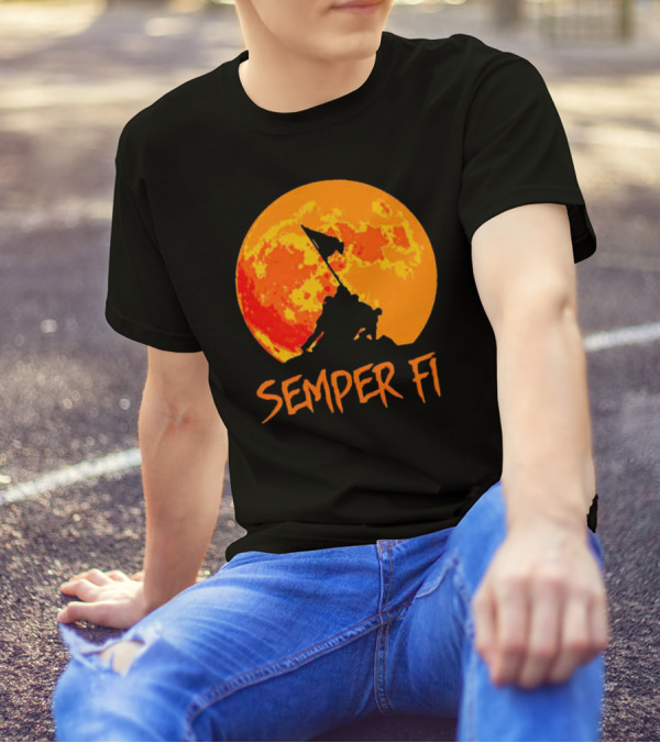 Semper Fi Halloween Full Moon Flag Raising T-Shirt