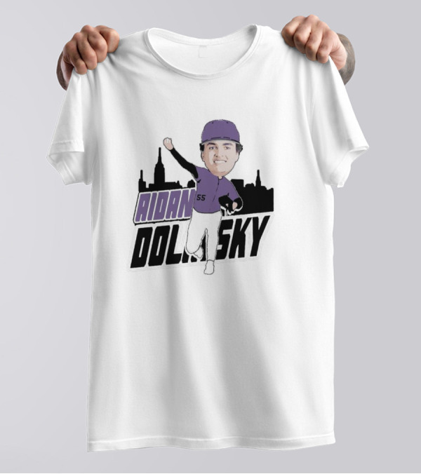 Aidan Dolinsky 55 Purple Baseball Caricature With City Skyline T-Shirt