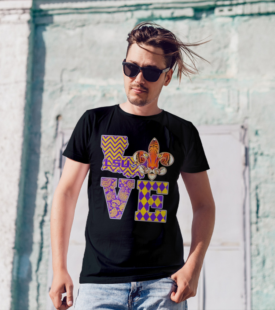 LSU Tigers Love Fleur De Lis Louisiana Purple Gold Chevron Paisley Harlequin T-Shirt