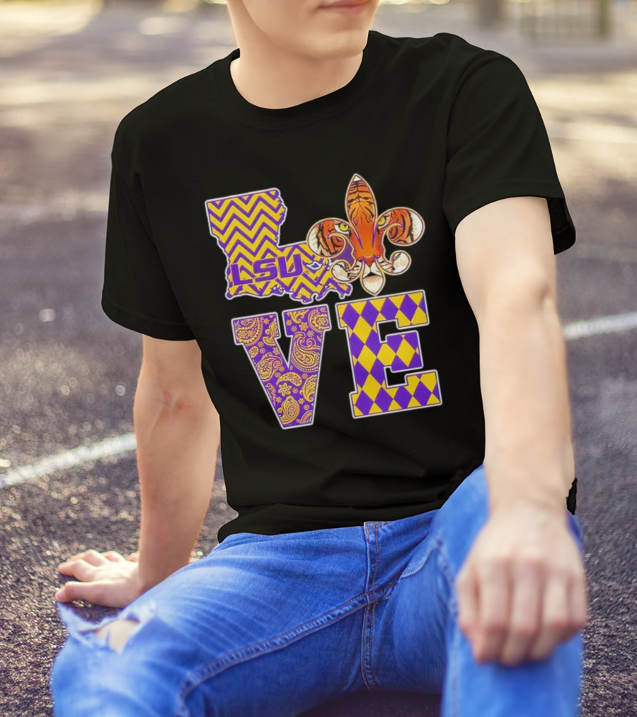 LSU Tigers Love Fleur De Lis Louisiana Purple Gold Chevron Paisley Harlequin T-Shirt