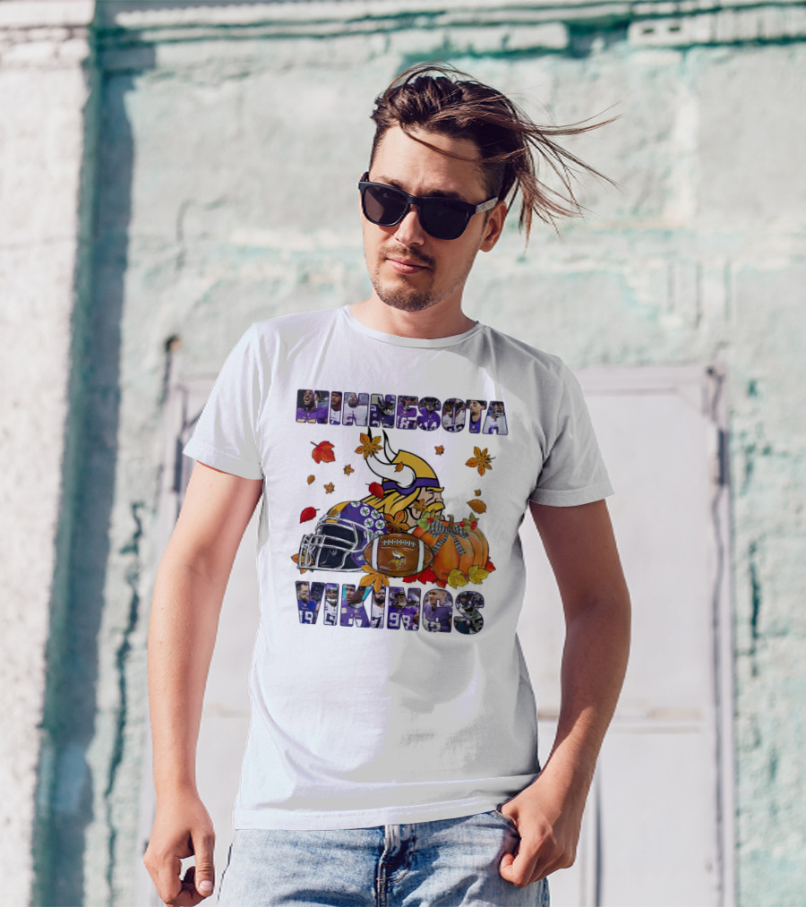 Minnesota Vikings Football Fall Leaves Helmet Pumpkin T-Shirt
