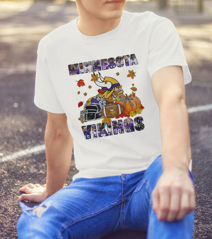Minnesota Vikings Football Fall Leaves Helmet Pumpkin T-Shirt