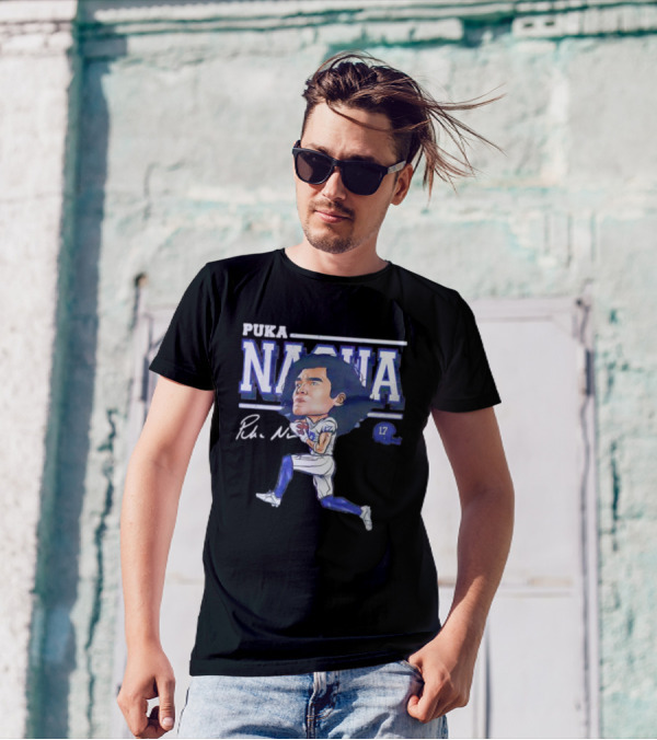 Puka Nacua Los Angeles 17 Cartoon Autograph Football T-Shirt
