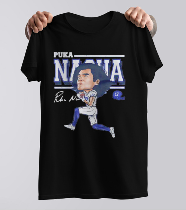 Puka Nacua Los Angeles 17 Cartoon Autograph Football T-Shirt