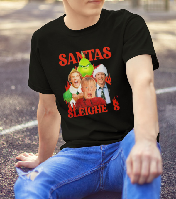 Santas Sleighers Christmas Rock Tour Featuring Iconic Holiday Characters T-Shirt