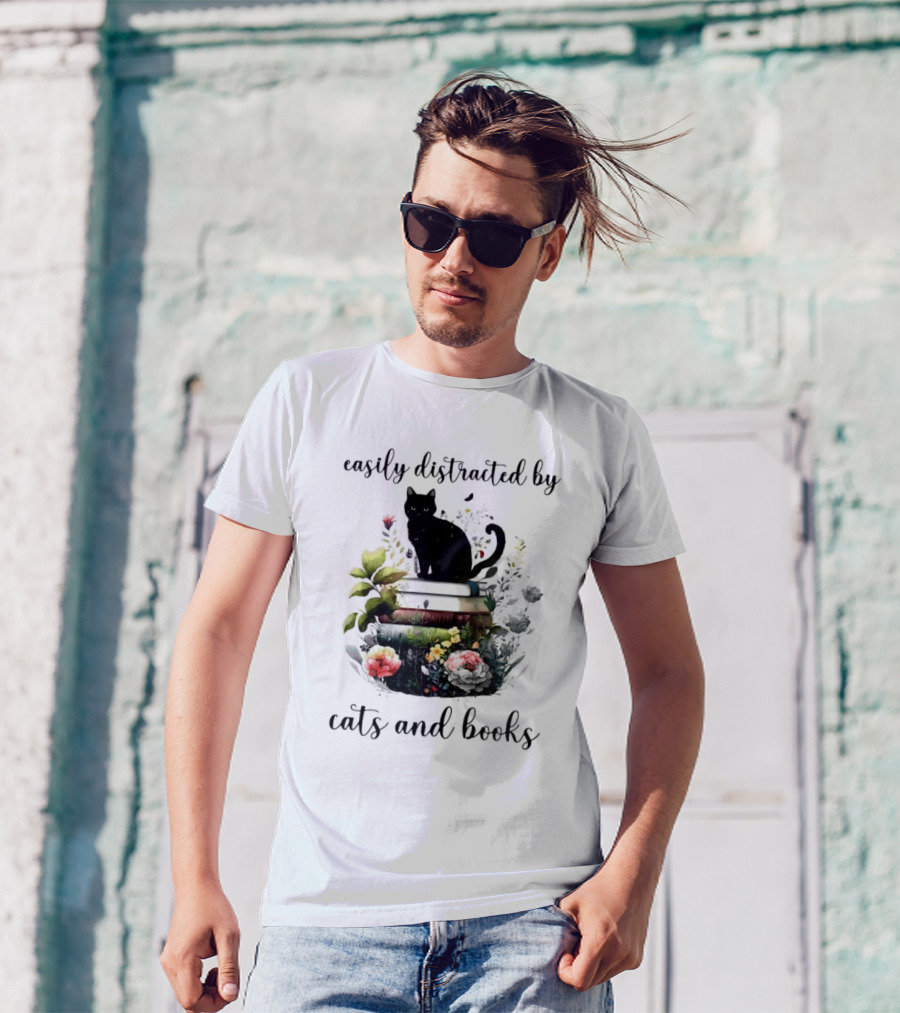Easily Distracted By Cats And Books Black Cat On Stacked Books With Flowers T-Shirt