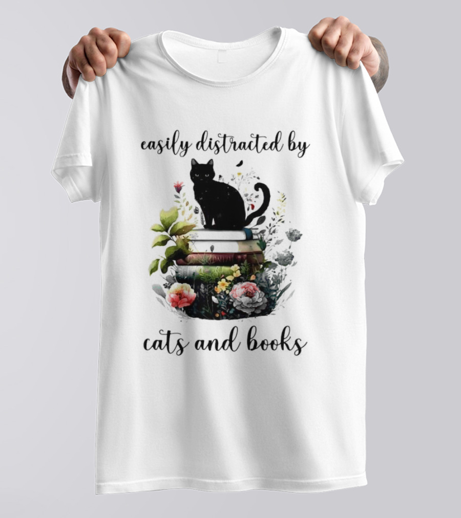 Easily Distracted By Cats And Books Black Cat On Stacked Books With Flowers T-Shirt
