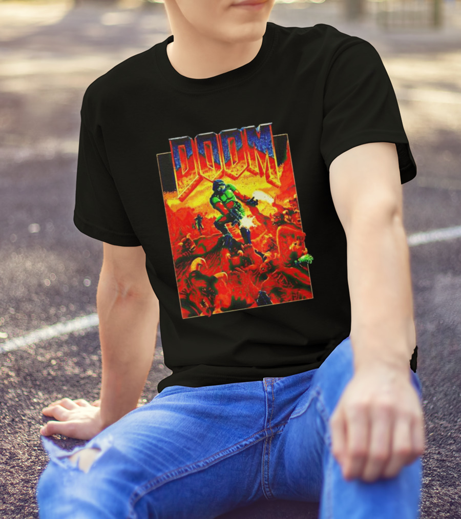 DOOM Welcome To Hell Iconic Demon Battle Scene T-Shirt