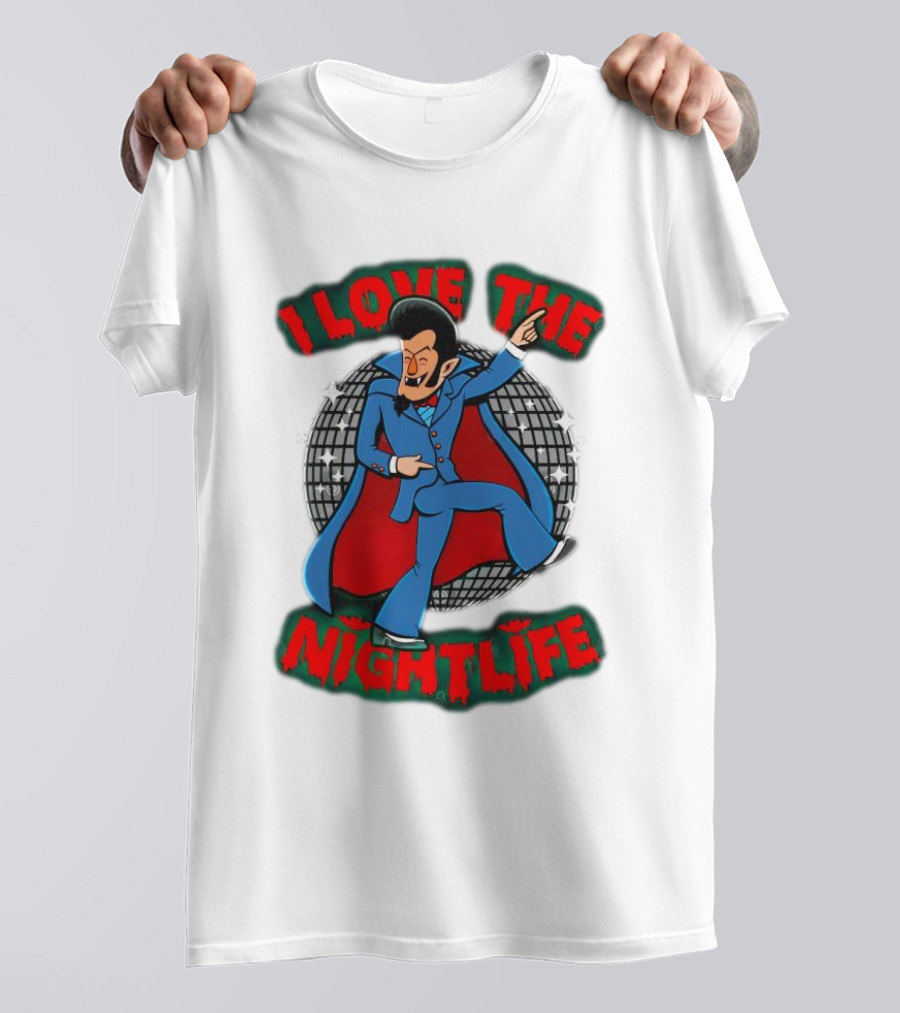 I Love The Nightlife Dracula Disco Dancing With Cape And Disco Ball T-Shirt