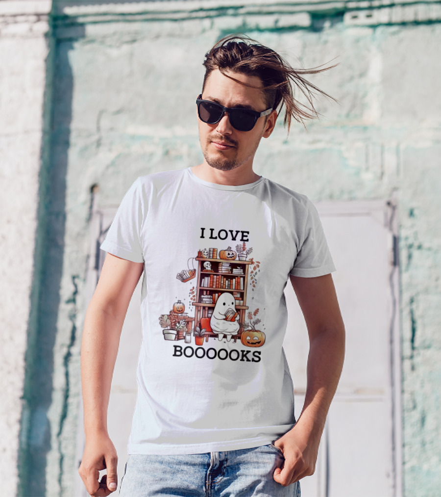 I Love Boooooks Ghost Reading With Pumpkins And Bookshelf Halloween T-Shirt