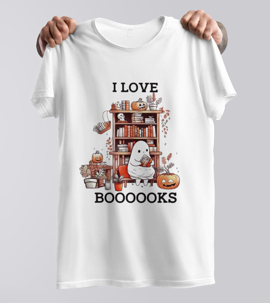 I Love Boooooks Ghost Reading With Pumpkins And Bookshelf Halloween T-Shirt