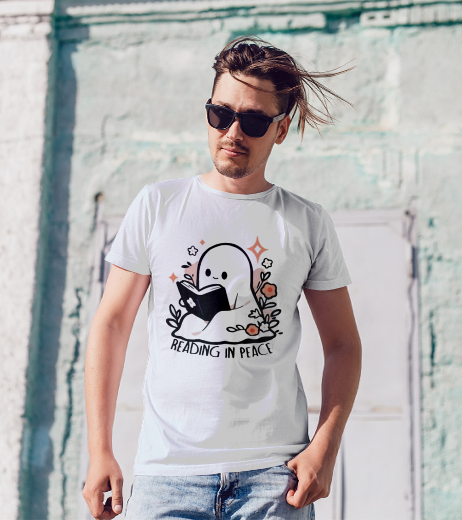 Reading In Peace Halloween Ghost Surrounded By Flowers T-Shirt