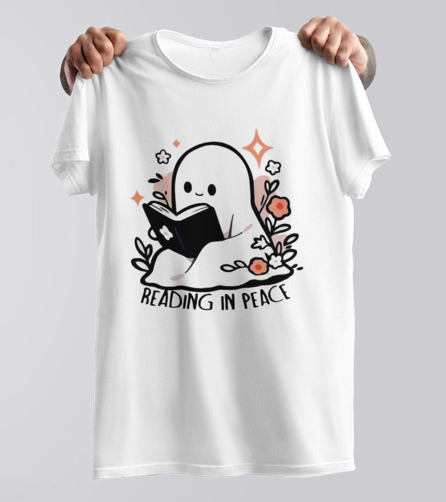 Reading In Peace Halloween Ghost Surrounded By Flowers T-Shirt