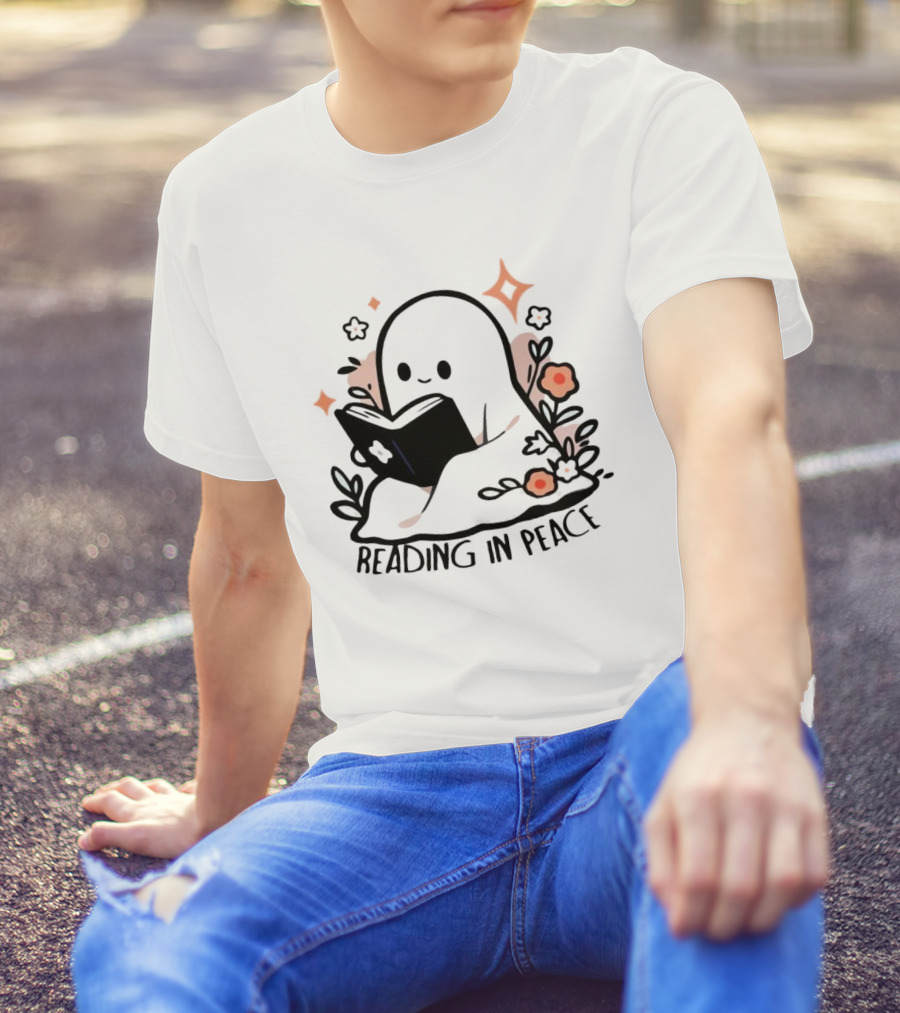 Reading In Peace Halloween Ghost Surrounded By Flowers T-Shirt