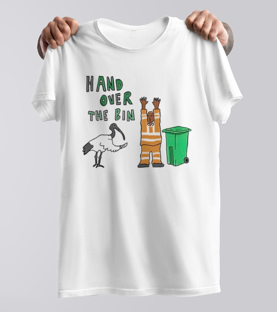 Hand Over The Bin Garbage Collector And Bird Cartoon Scene T-Shirt