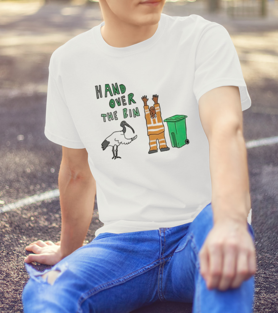 Hand Over The Bin Garbage Collector And Bird Cartoon Scene T-Shirt