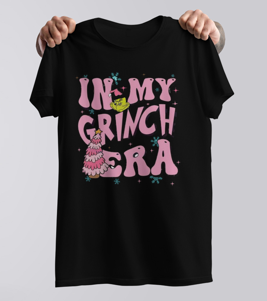 In My Grinch Era Pink Christmas Tree With Green Face And Santa Hat T-Shirt