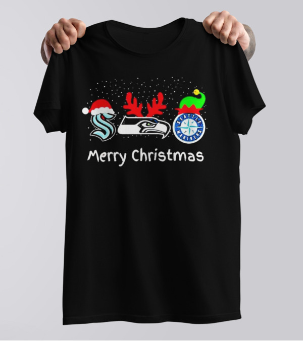 Seattle Kraken Seahawks Mariners Santa Reindeer Elf Merry Christmas T-Shirt