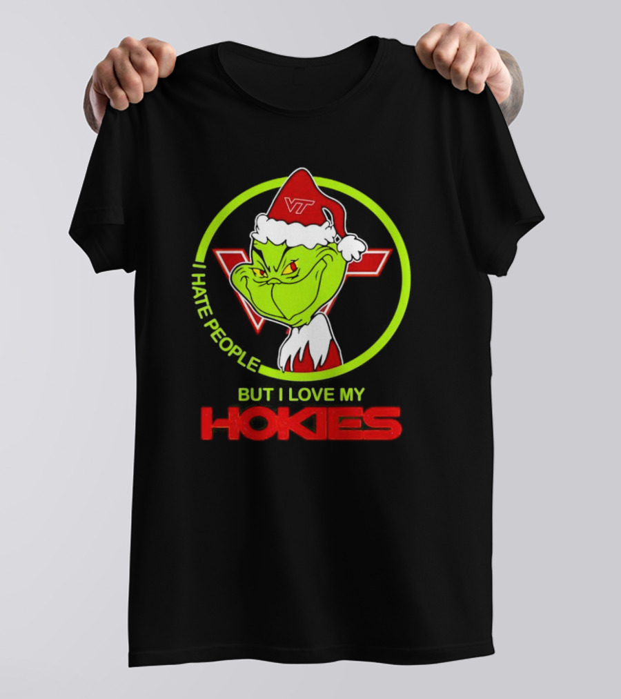 I Hate People Grinch Loves Hokies Christmas VT Santa Hat T-Shirt