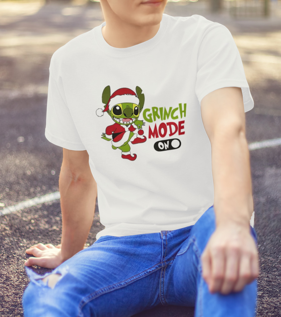 Stitch Grinch Mode On Christmas Santa Hat Festive T-Shirt