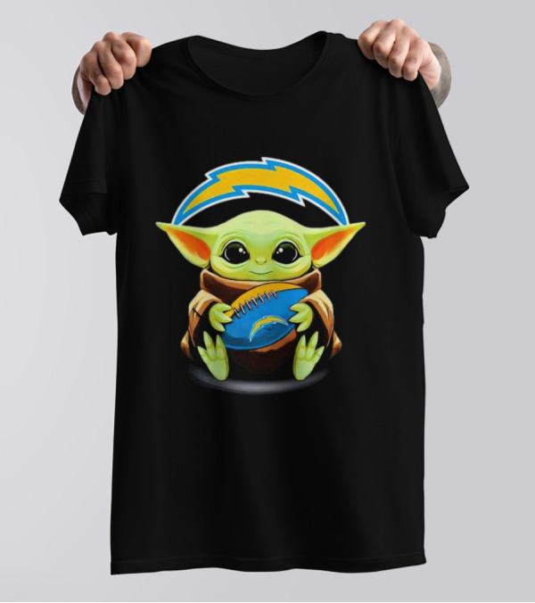 Baby Yoda Holding Los Angeles Chargers Football T-Shirt