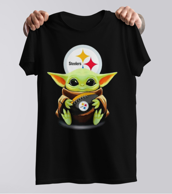 Baby Yoda Holding Pittsburgh Steelers Football T-Shirt