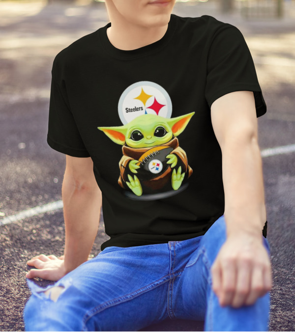 Baby Yoda Holding Pittsburgh Steelers Football T-Shirt