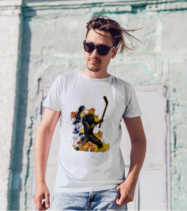 Evil Fire Hockey Player Holding Chicago Blackhawks And NHL Helmets T-Shirt